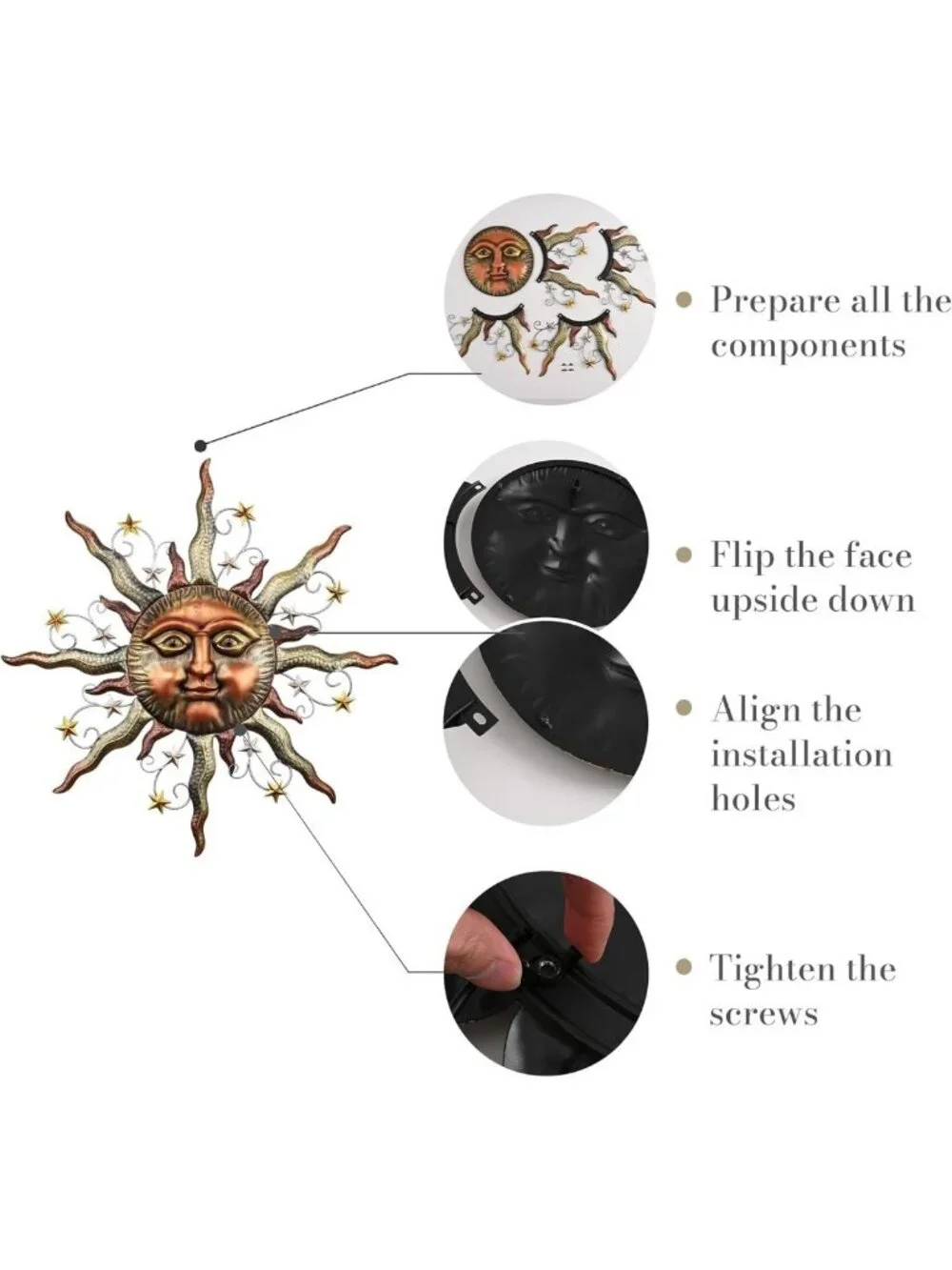25” Bronze Sun Face Metal Wall Art - Rustic 3D Outdoor Decor for Garden & Patio